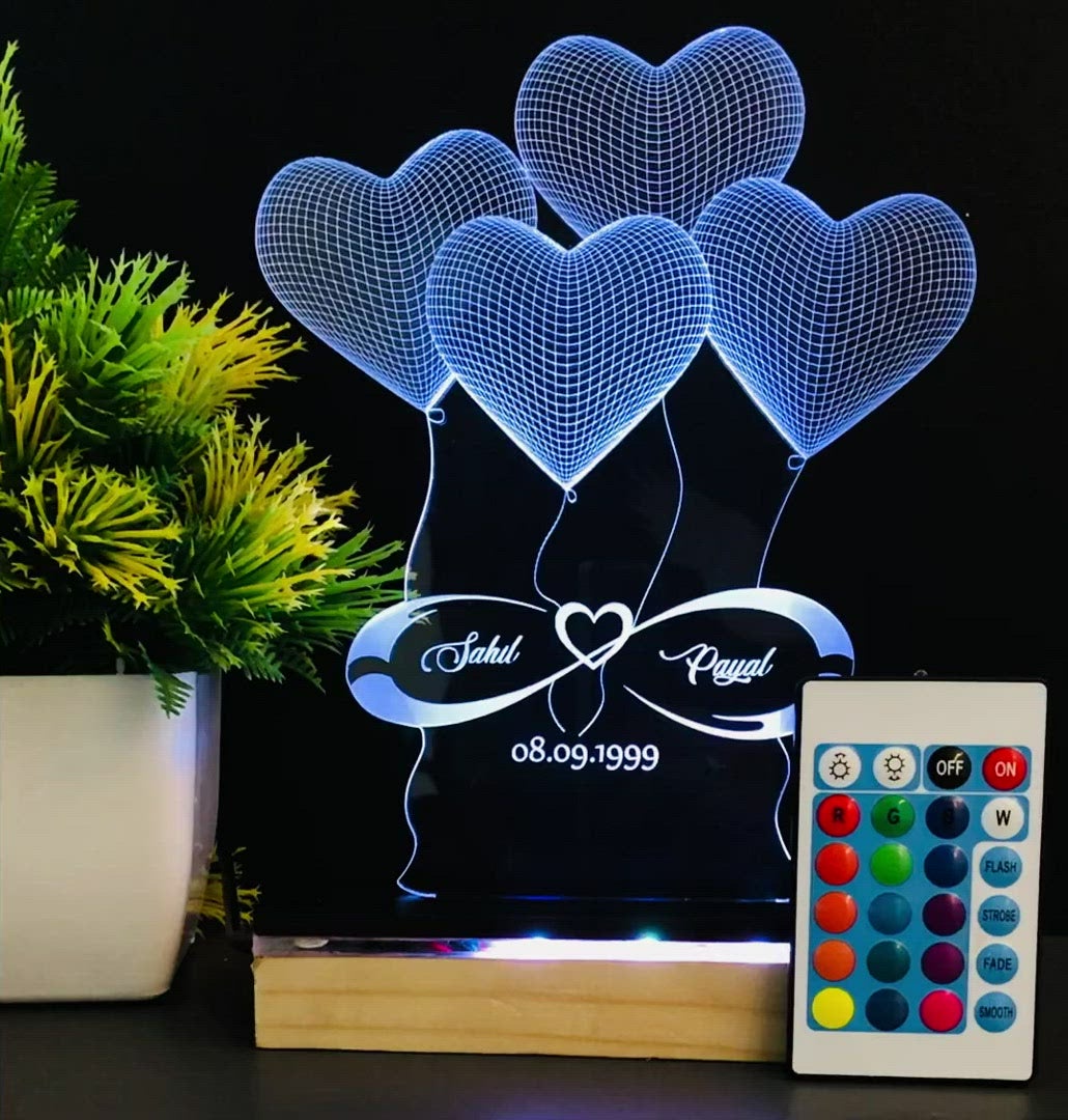 3D 4-HEART ILLUSION LAMP - MULTICOLOR