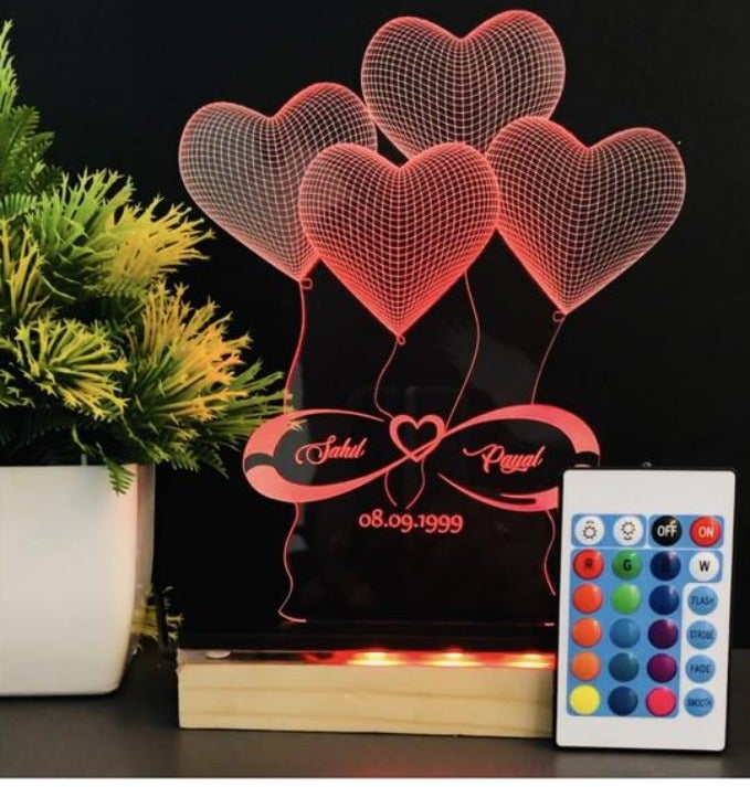 3D 4-HEART ILLUSION LAMP - MULTICOLOR