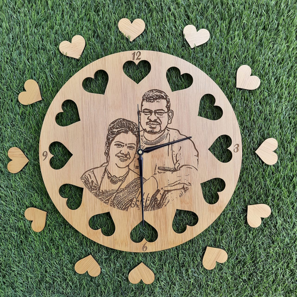 PHOTO ENGRAVED HEART CUT WALL CLOCK