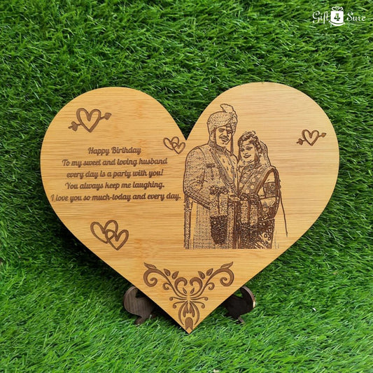 WOODEN HEART PHOTO ENGRAVED PLAQUE