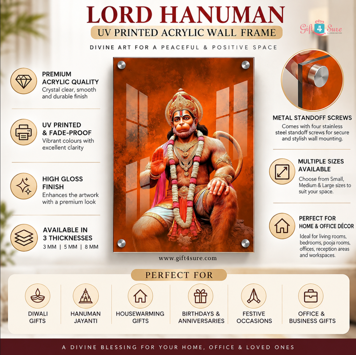 LORD HANUMAN UV-PRINTED ACRYLIC WALL FRAME