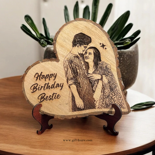 NATURAL WOODEN SLICE PHOTO FRAME - HEART SHAPE