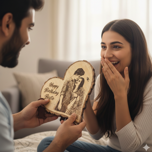 NATURAL WOODEN SLICE PHOTO FRAME - HEART SHAPE