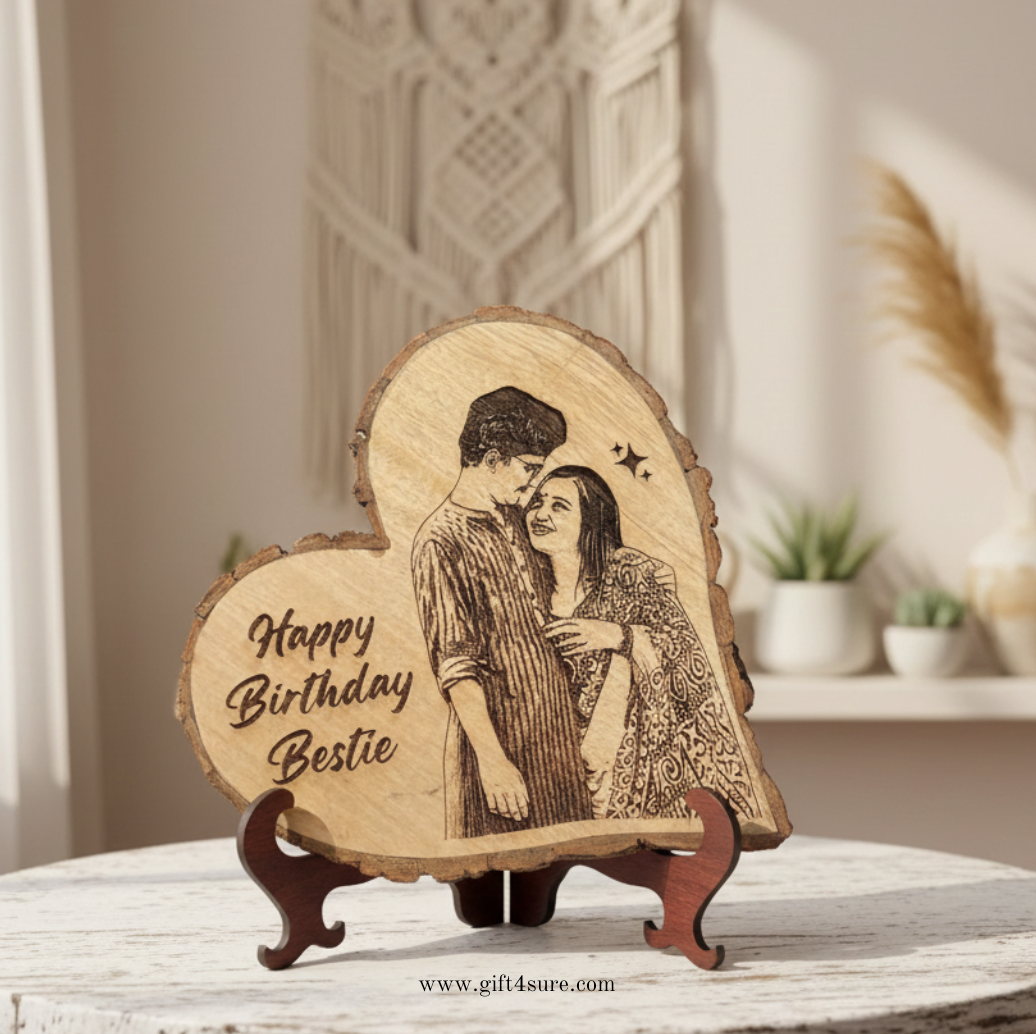 NATURAL WOODEN SLICE HEART PHOTO FRAME