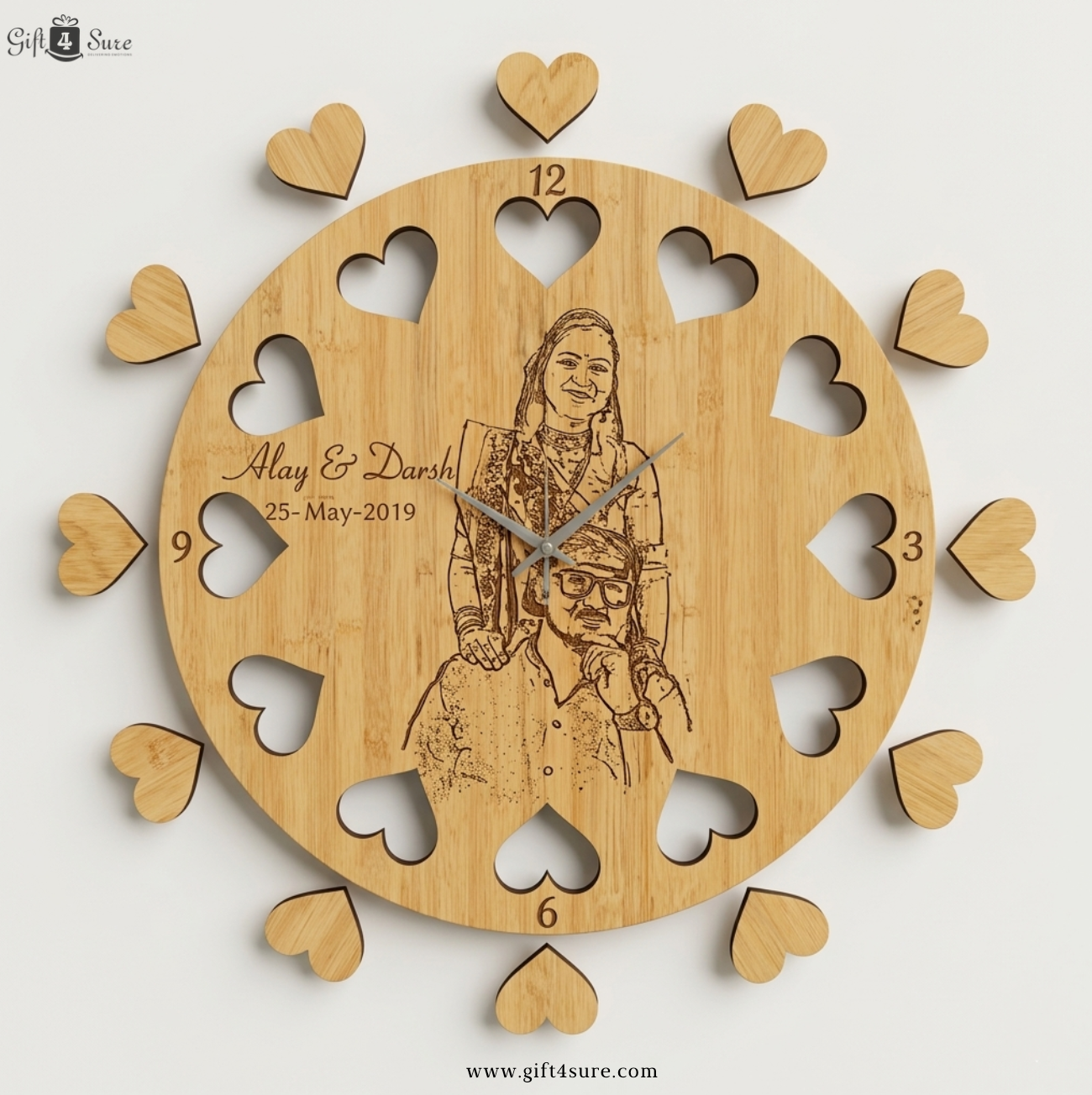PHOTO ENGRAVED HEART CUT WALL CLOCK