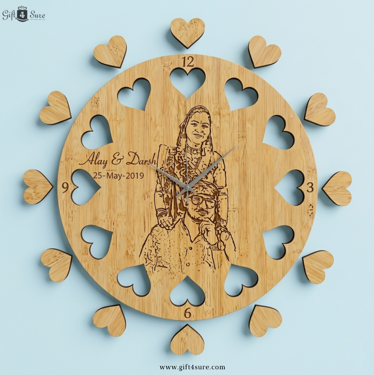 PHOTO ENGRAVED HEART CUT WALL CLOCK