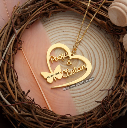 BUTTERFLY HEART STYLE WITH ENGRAVING COUPLE NAME NECKLACE