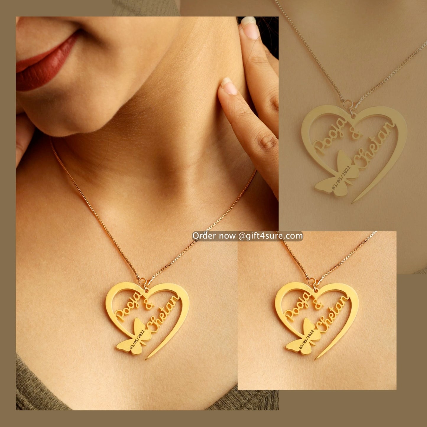 BUTTERFLY HEART STYLE WITH ENGRAVING COUPLE NAME NECKLACE