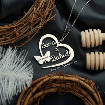 BUTTERFLY HEART STYLE WITH ENGRAVING COUPLE NAME NECKLACE