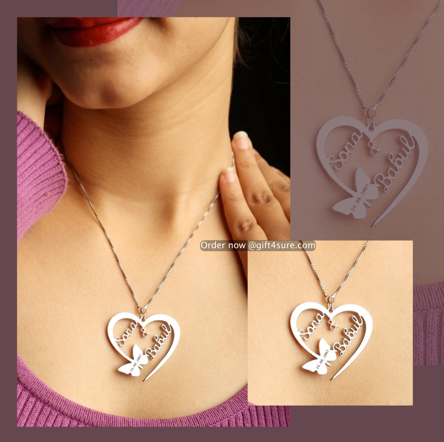 BUTTERFLY HEART STYLE WITH ENGRAVING COUPLE NAME NECKLACE